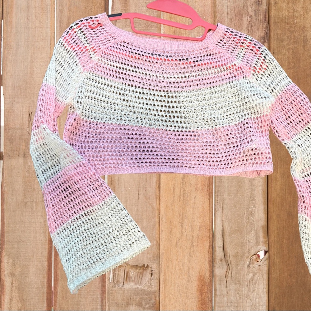 SHEIN Pink and White Striped Crochet Top